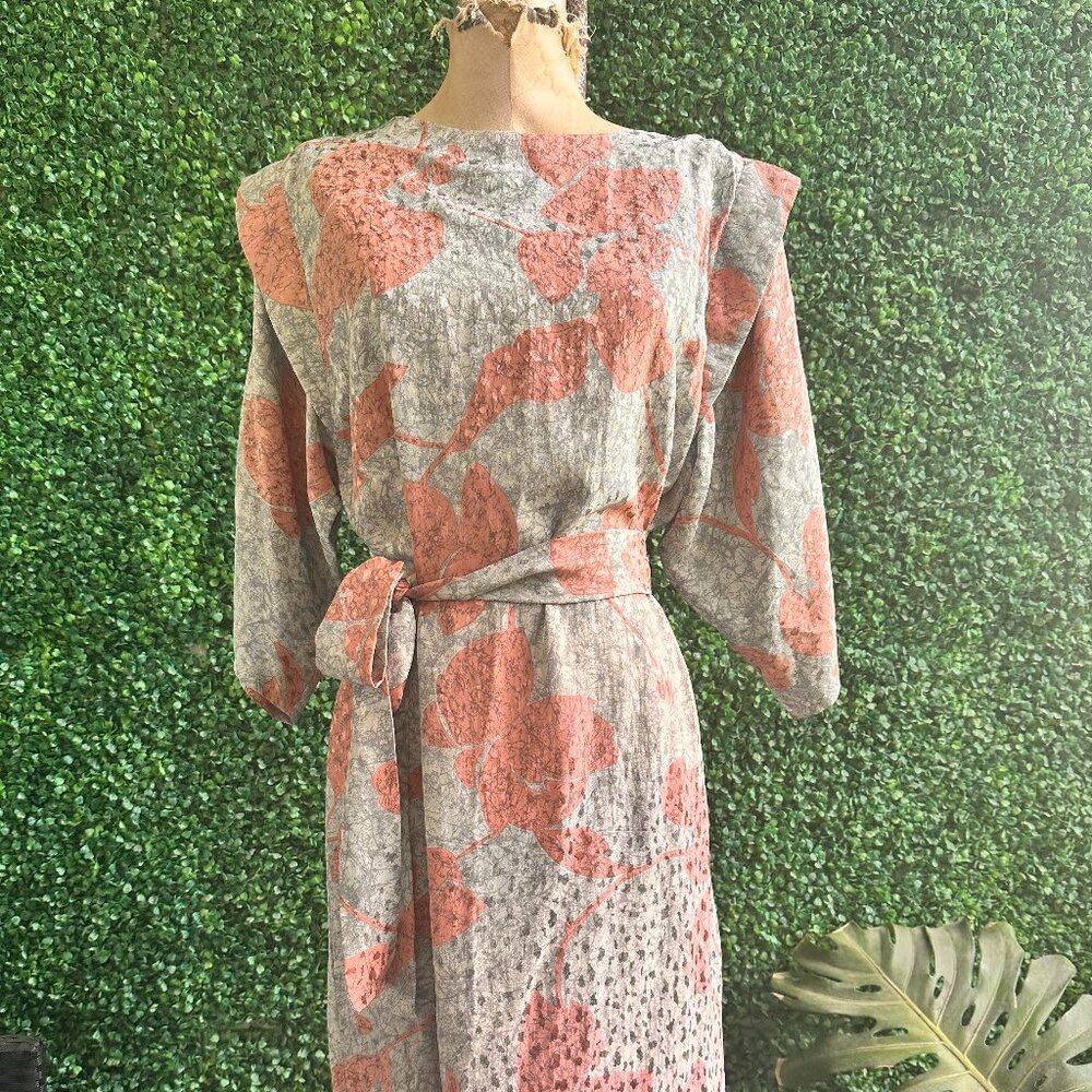 FLORA KUNG  80s Gray Pink Silk Balloon Slv Secretary Cocktail Belted Dress